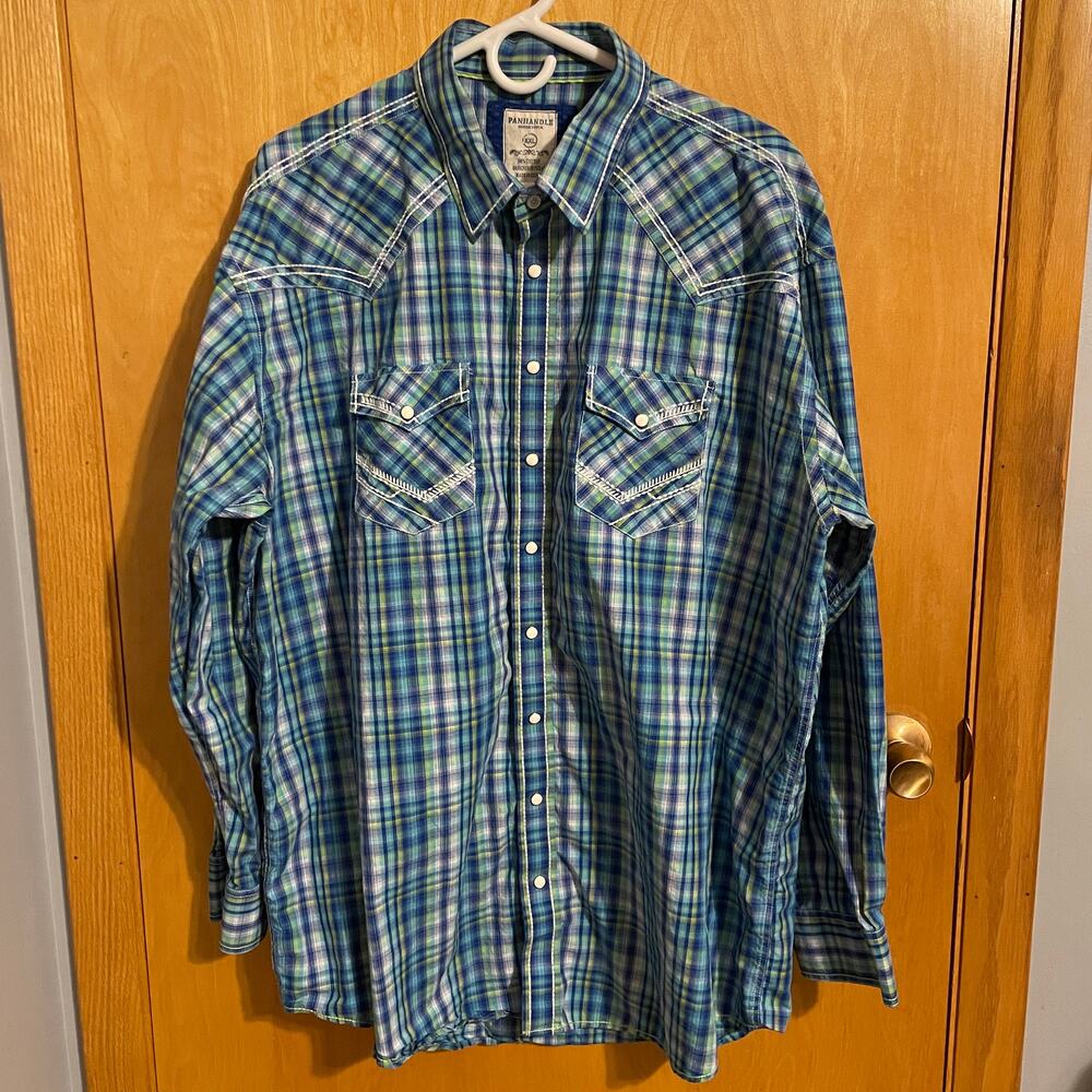 Mens XXL Panhandle Rough Stock Pearl Snap Western Plaid Shirt Turn Up Cuffs